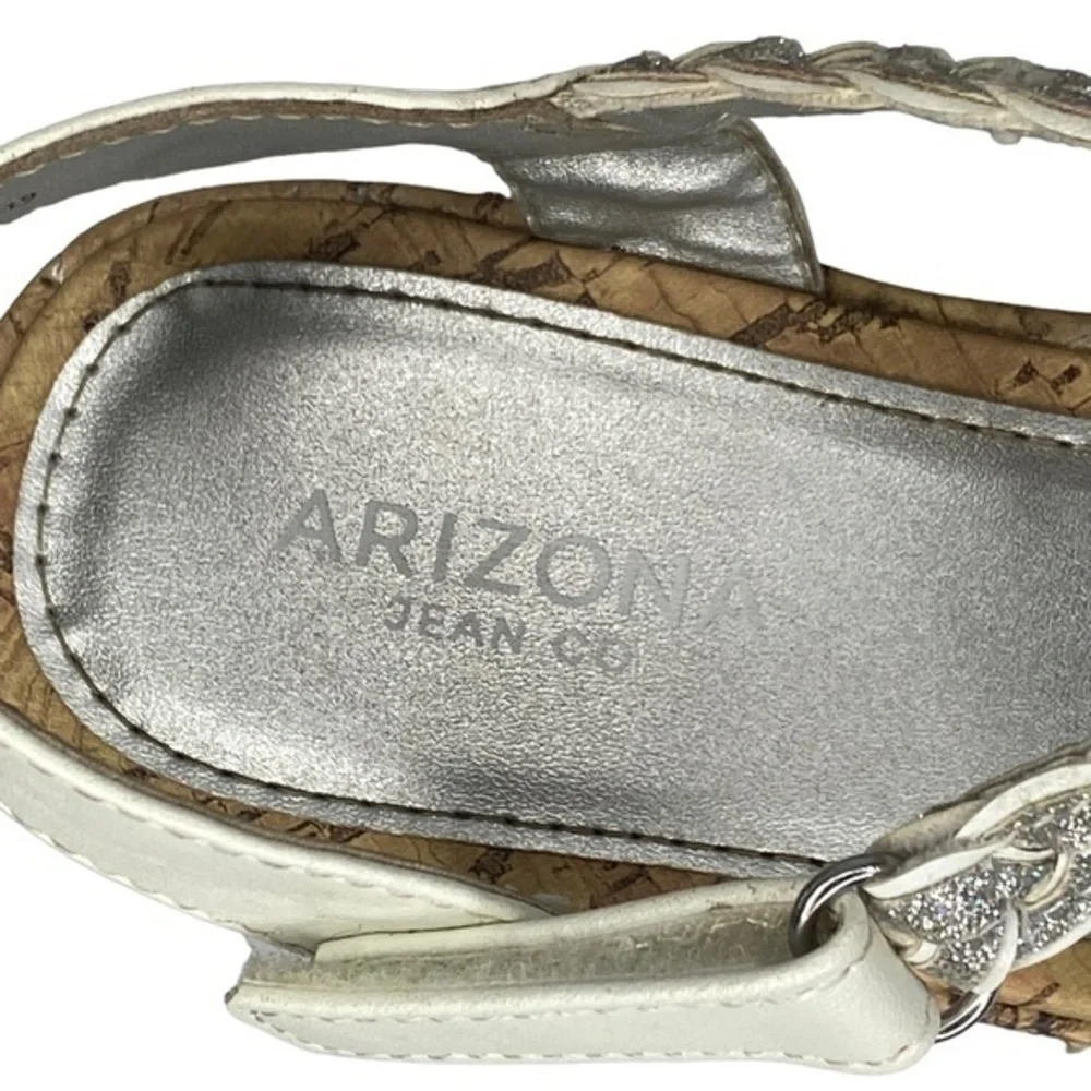 Arizona Jean Co Jersey Sandals White and Silver Braided Straps Wedge Cork Size 2